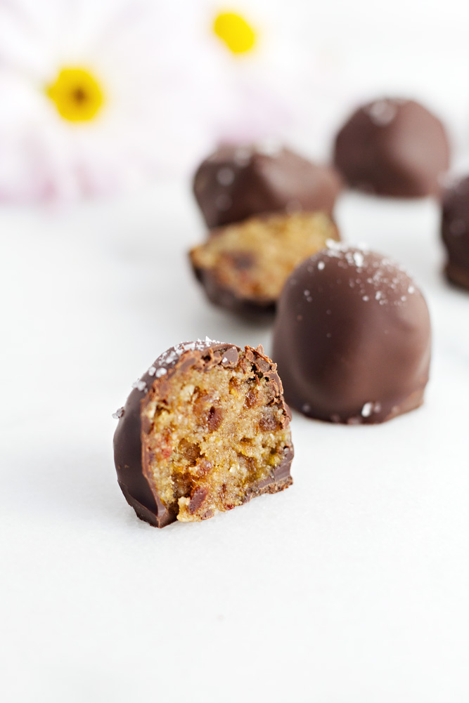 A close up of Healthy Salted Caramel Truffles cut in half