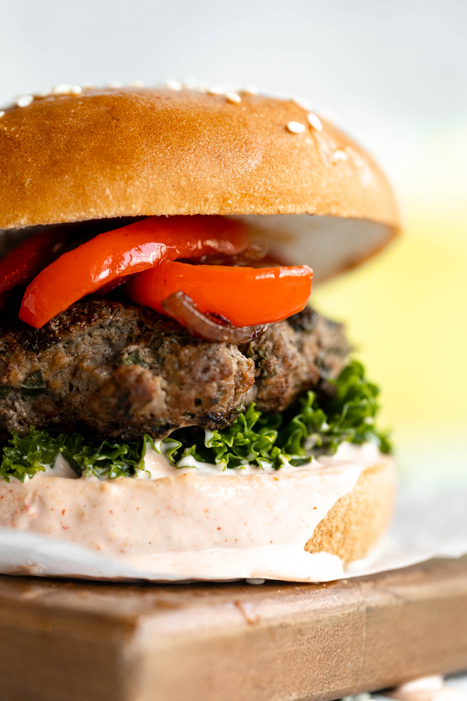 Red Pepper & Kale Beef Burgers w/ Grilled Onions & Goat Cheese!