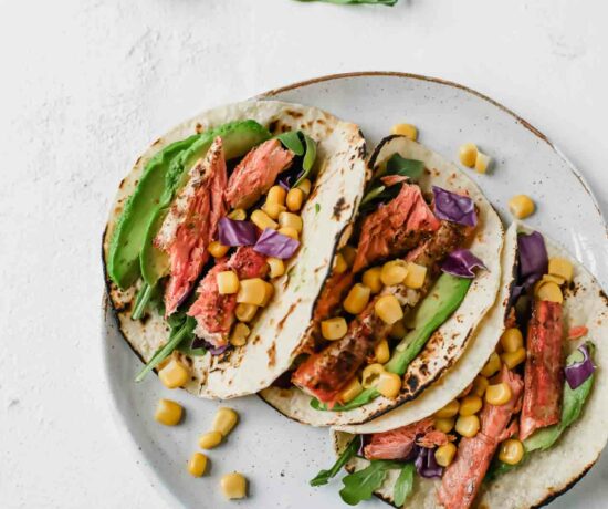 Spicy Salmon Tacos w/ Avocado Lime Dressing