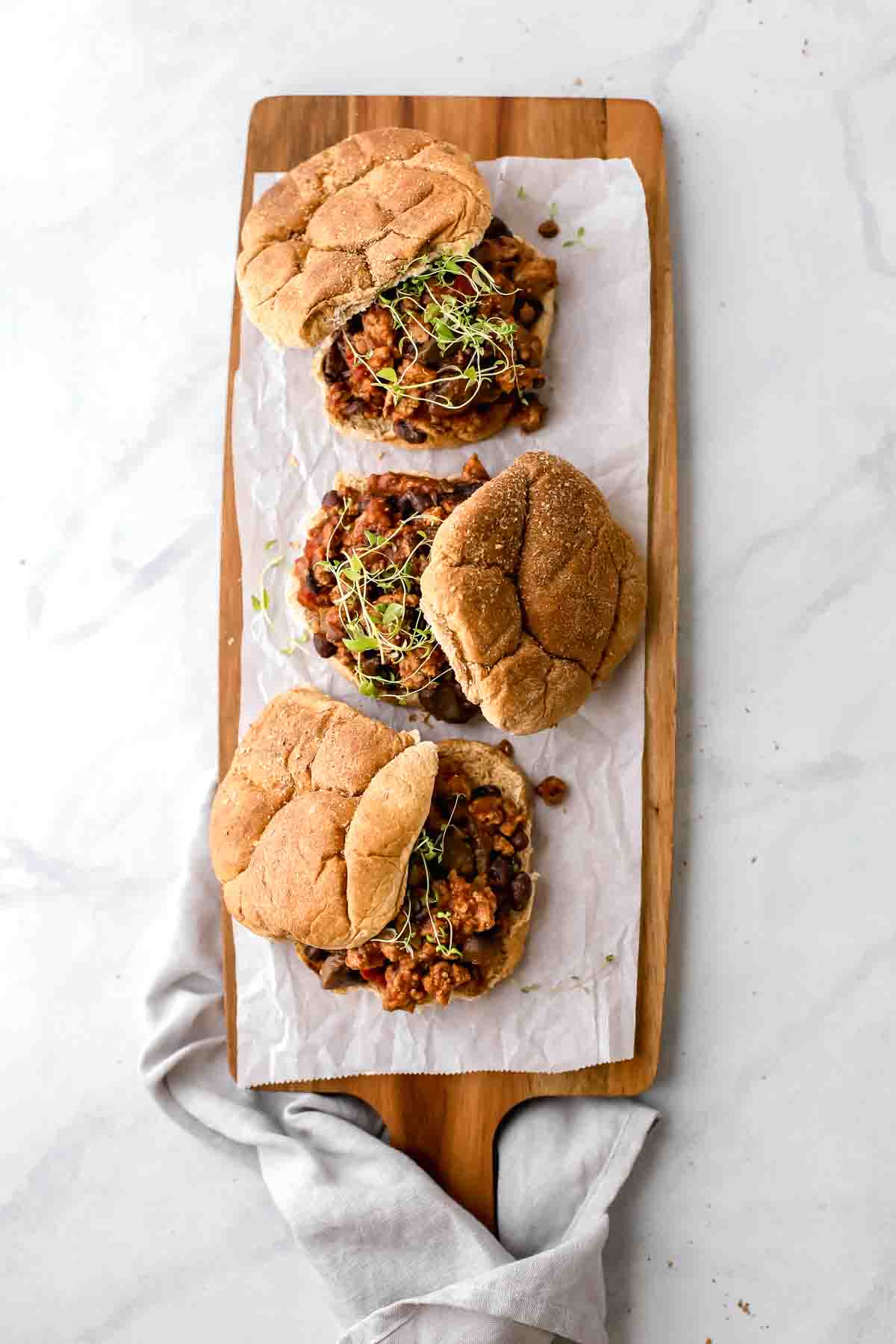 30-Minute Healthy Sloppy Joes Recipe served on a cutting board.