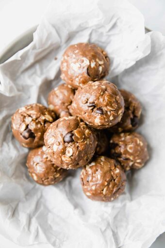 Protein Balls with chocolate chips in a bowl.