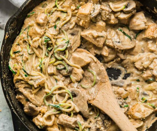A top shot of a casserole recipe in a skillet.