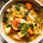 Close up of bowl of vegetable soup.