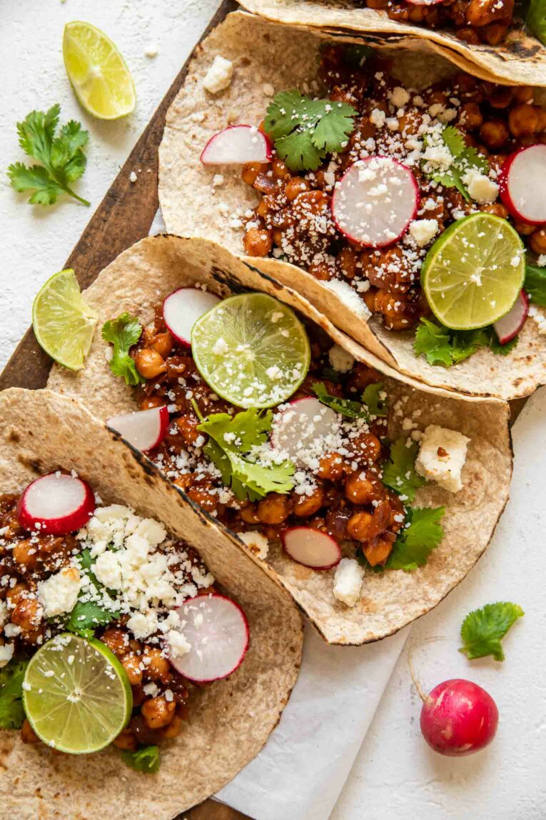 Close up of vegan chipotle chickpea tacos.