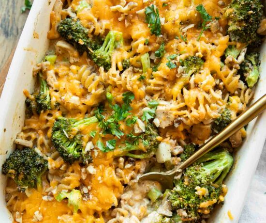 Healthy Chicken Broccoli Pasta Casserole in a casserole dish.