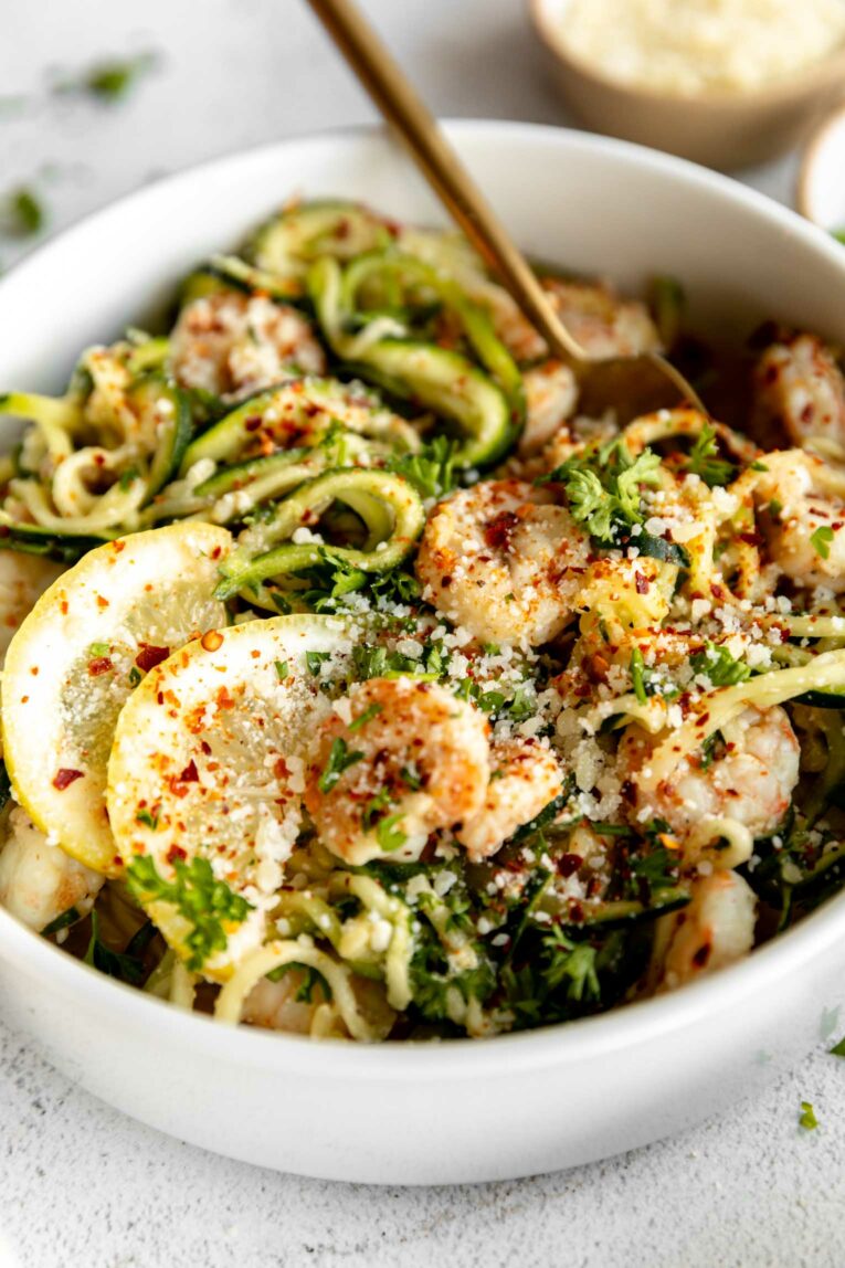 Angled photo of Shrimp Scampi w/ Zucchini Noodles.