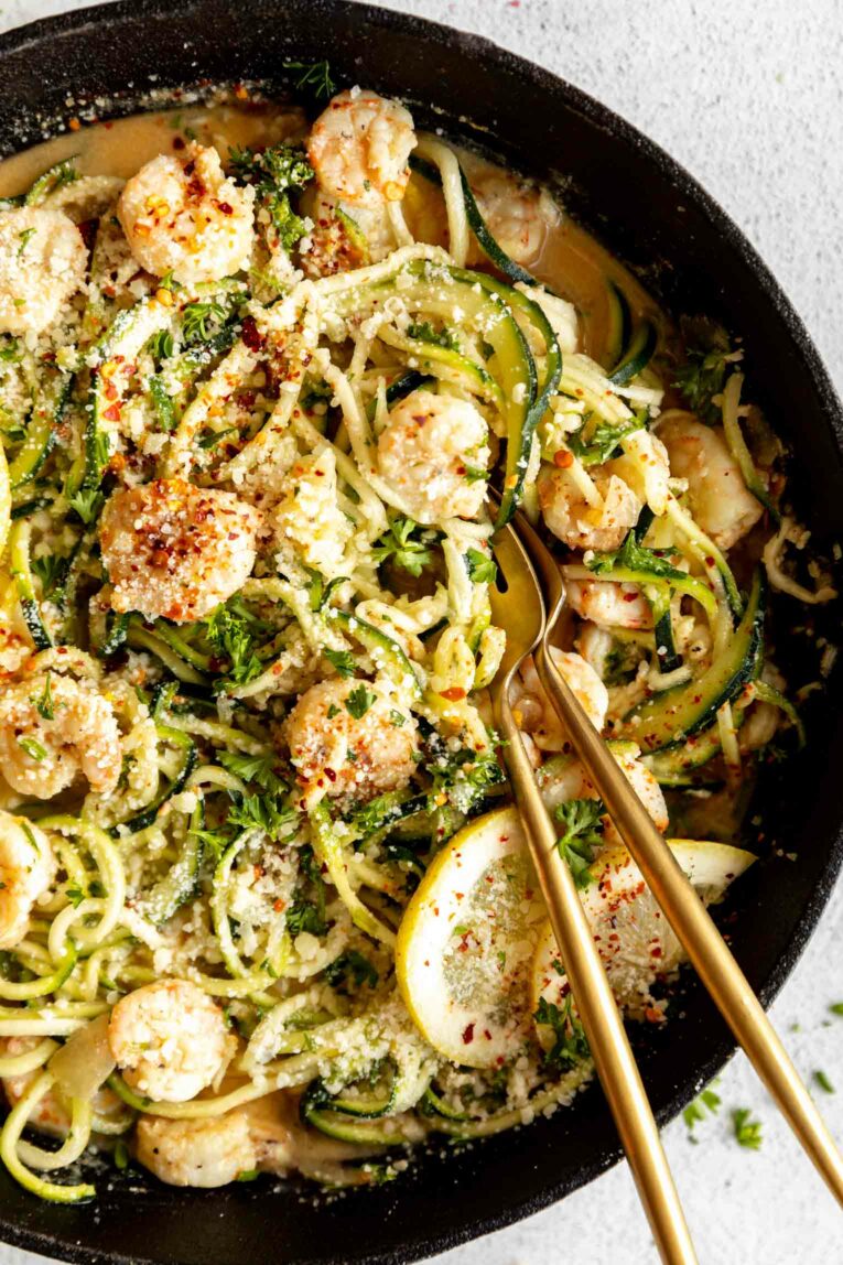 Shrimp Scampi w/ Zucchini Noodles in a cast iron skillet.
