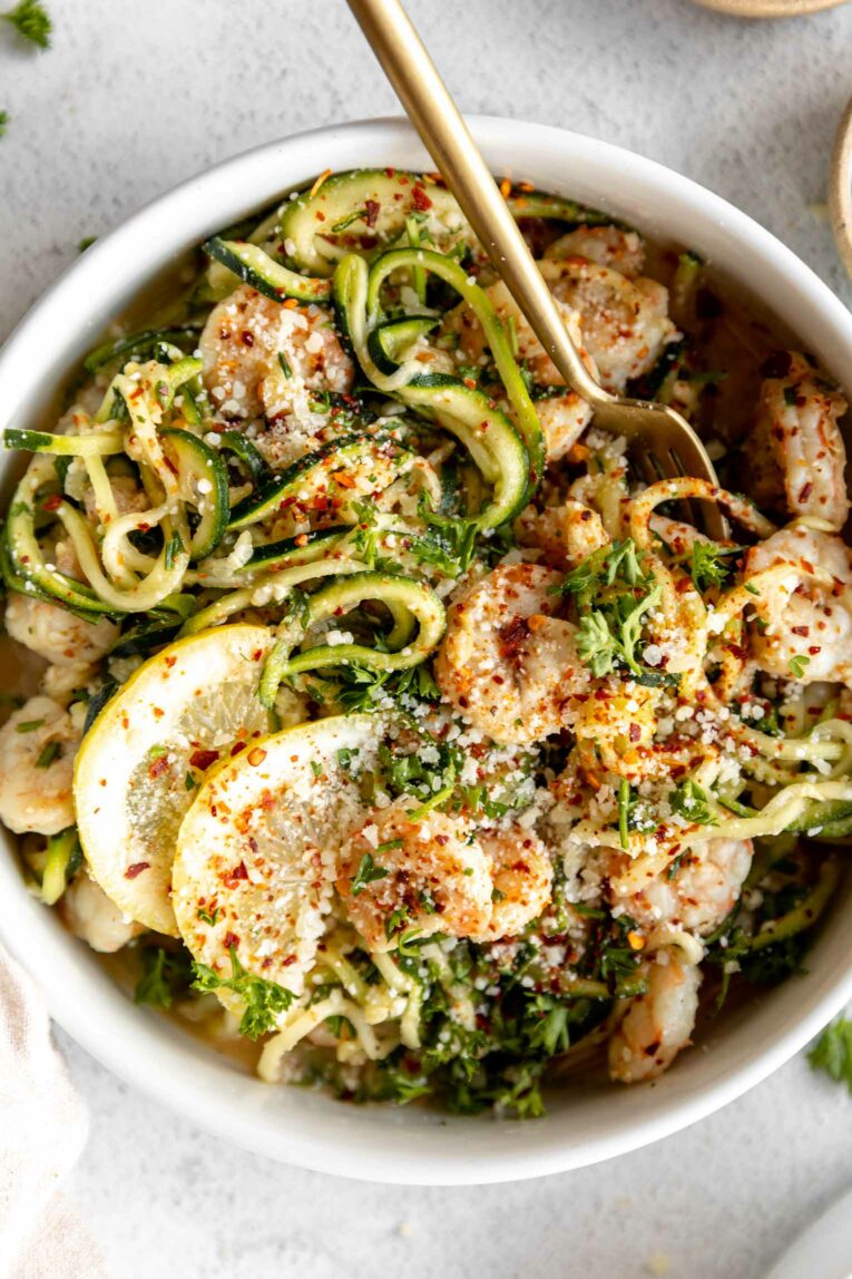 Shrimp Scampi w/ Zucchini Noodles recipe in a bowl with a fork.