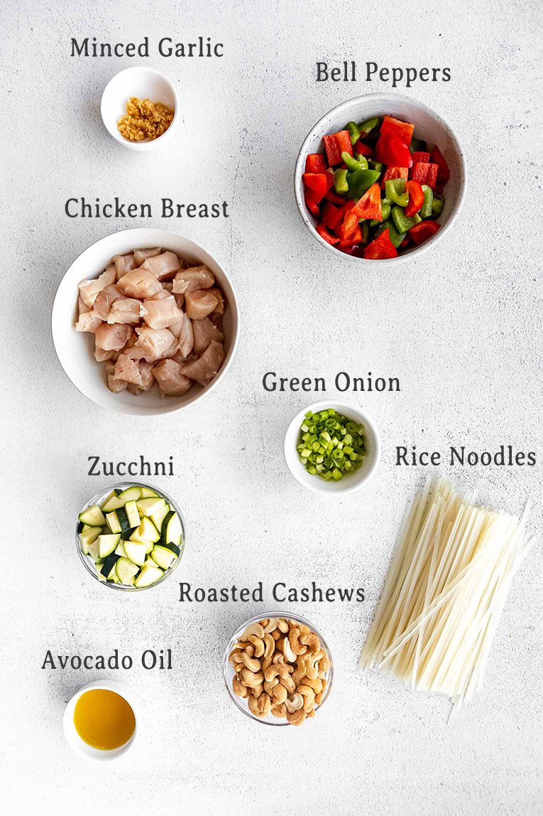 Ingredients for Spicy Thai Cashew Chicken Noodles recipe.