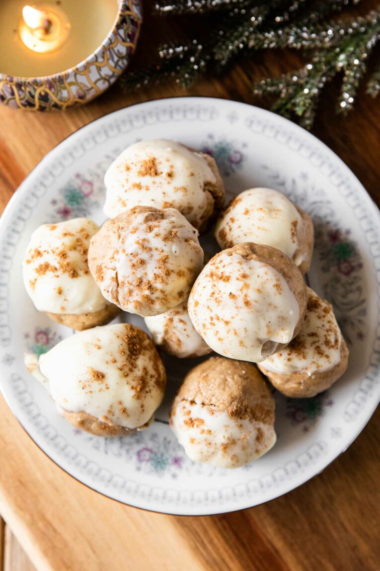 Top shot photo of Gingerbread Cookie Protein Bites recipe.