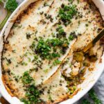 Vegetarian Shepherd's Pie in a casserole dish.