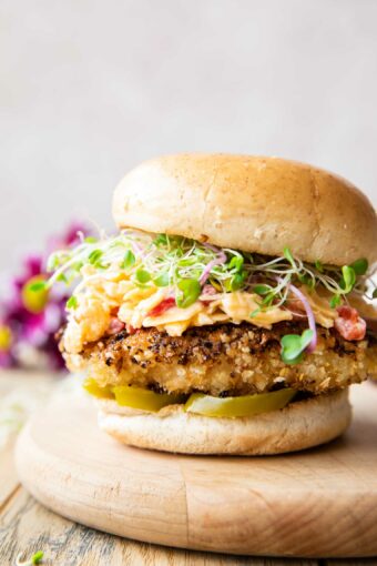 Close up of Honey Pepper Pimento Chicken Sandwich Chick-Fil-A copycat recipe.