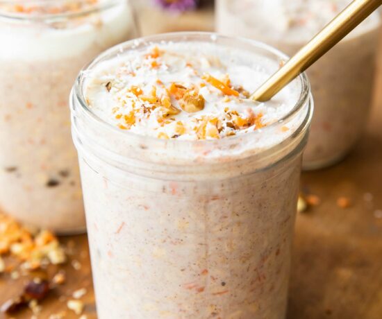 Healthy Carrot Cake Overnight Oats that are creamy and flavorful, angled photo!