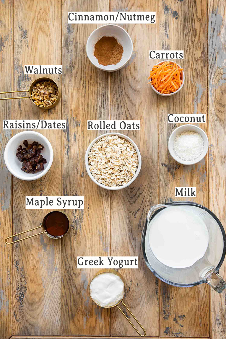 Carrot Cake Overnight Oats recipe ingredients on a table.
