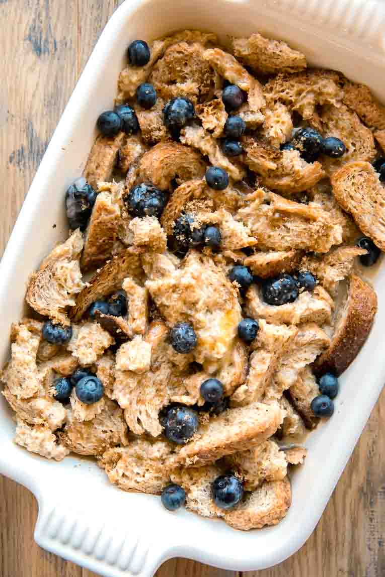Healthy Blueberry French Toast Casserole before baking.