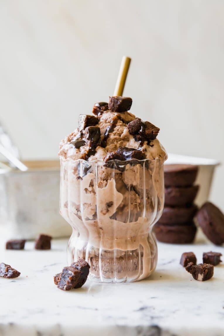 Brownie Ice Cream in a parfait glass.