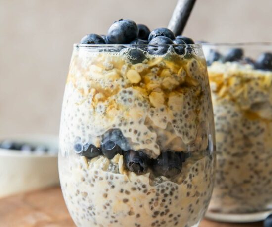 Close up of Easy Blueberry Chia Overnight Oats recipe.