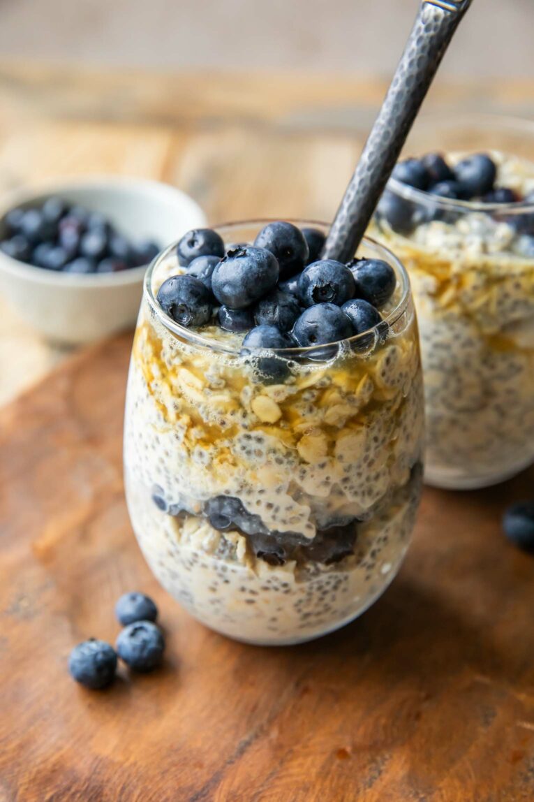 Angled photo of Easy Blueberry Chia Overnight Oats.