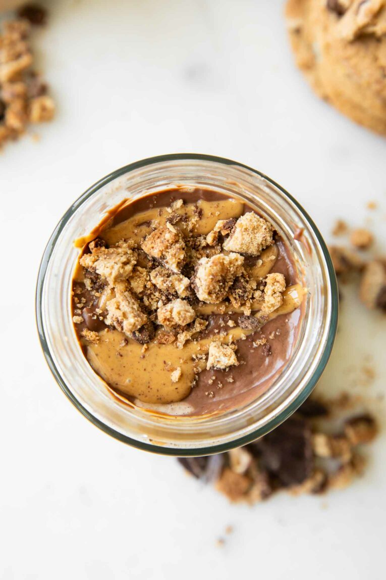 Top shot of chocolate Peanut Butter Overnight Oats.
