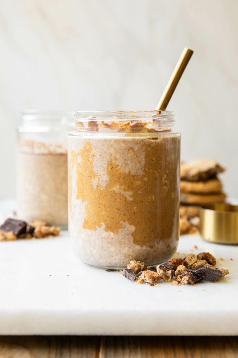 Peanut Butter Cookie Overnight Oats across photo.
