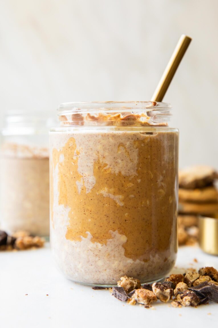 Close up of jar of Peanut Butter Overnight Oats.