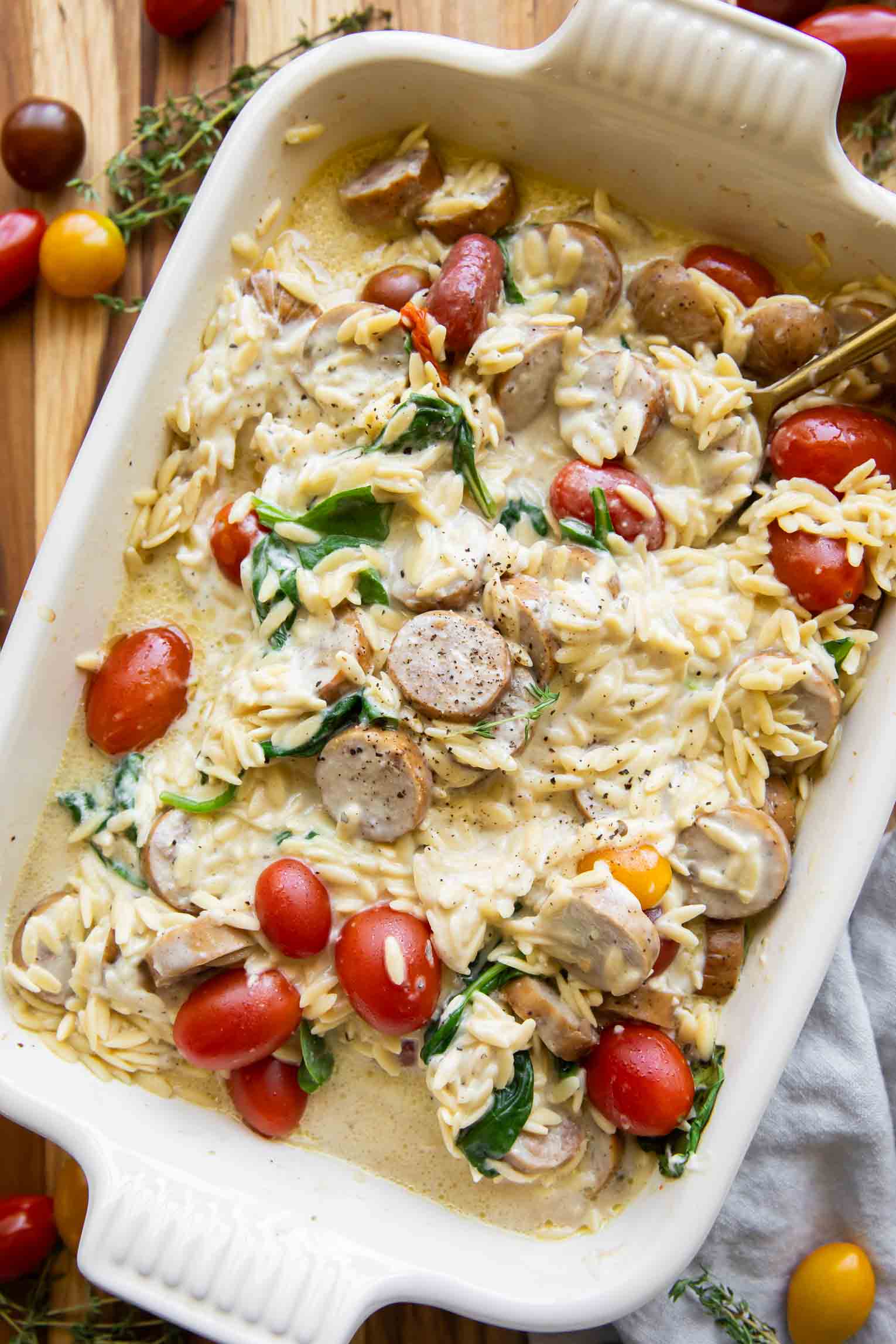 Chicken Sausage Orzo Boursin Bake - Jar Of Lemons