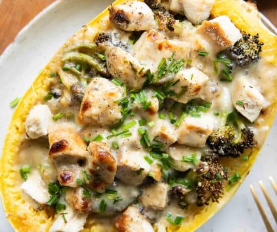 Chicken Alfredo Spaghetti Squash Bake on a plate.