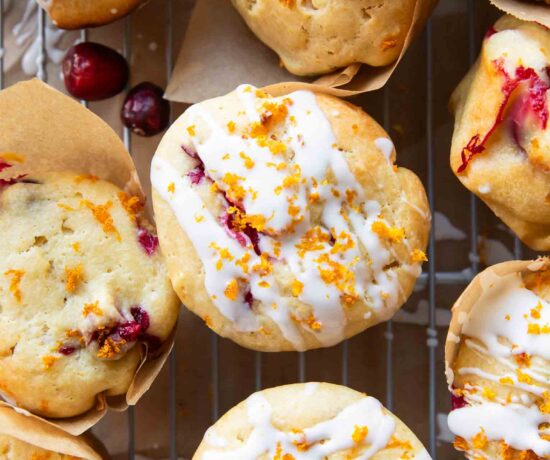 Cranberry Orange Cottage Cheese Muffins on a cooling rack.