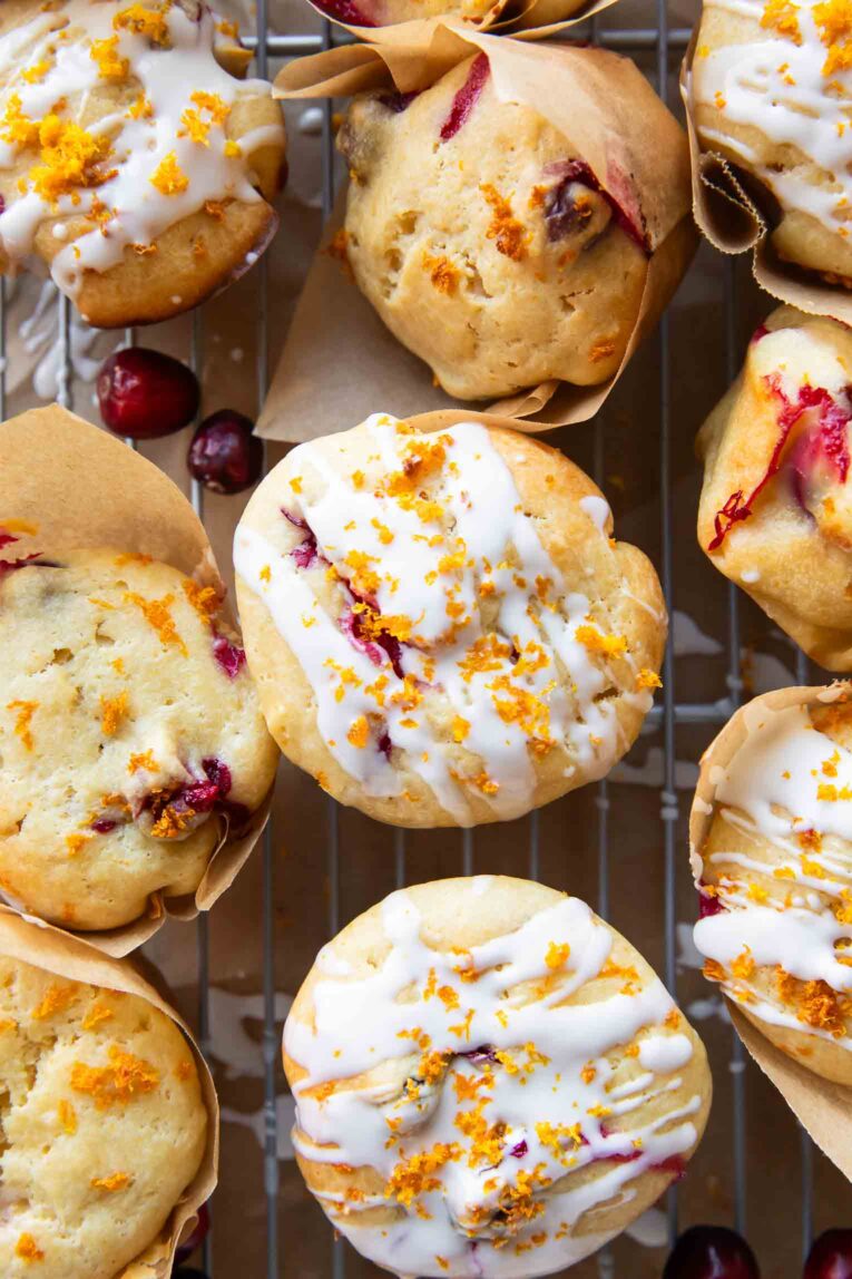 Cranberry Orange Cottage Cheese Muffins on a cooling rack.