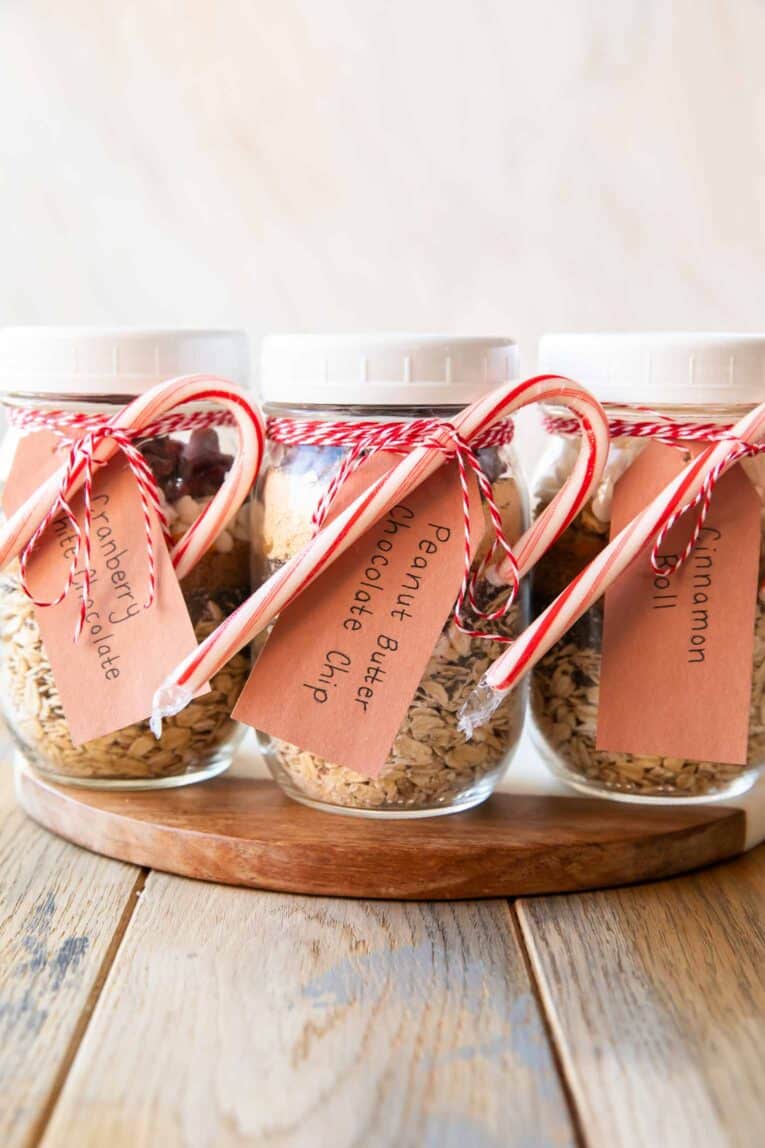 Three Holiday Overnight Oats Mason jar gifts.