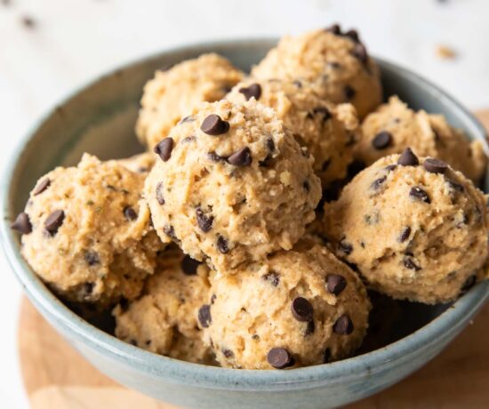 Cookie dough cottage cheese bites in a bowl.