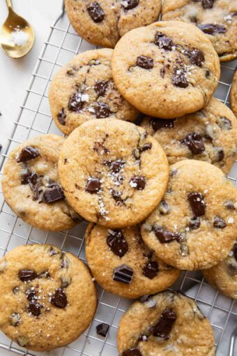 Cottage Cheese Chocolate Chunk Cookies on a cooling rack.
