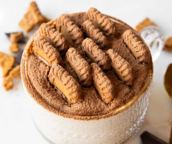 Angled view of Japanese Cheesecake in a mug.