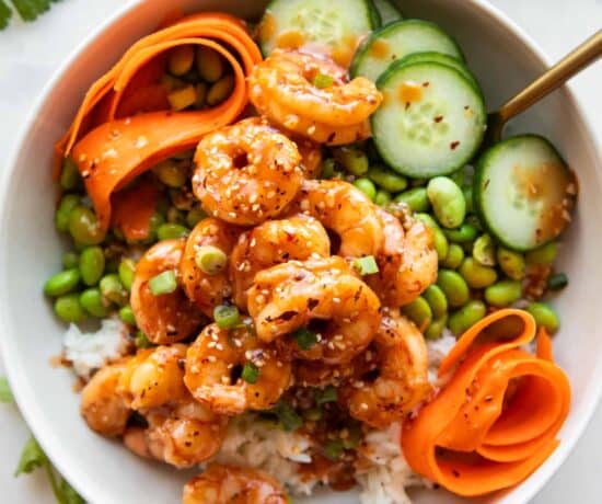 Sticky Garlic Sesame Shrimp in a bowl.