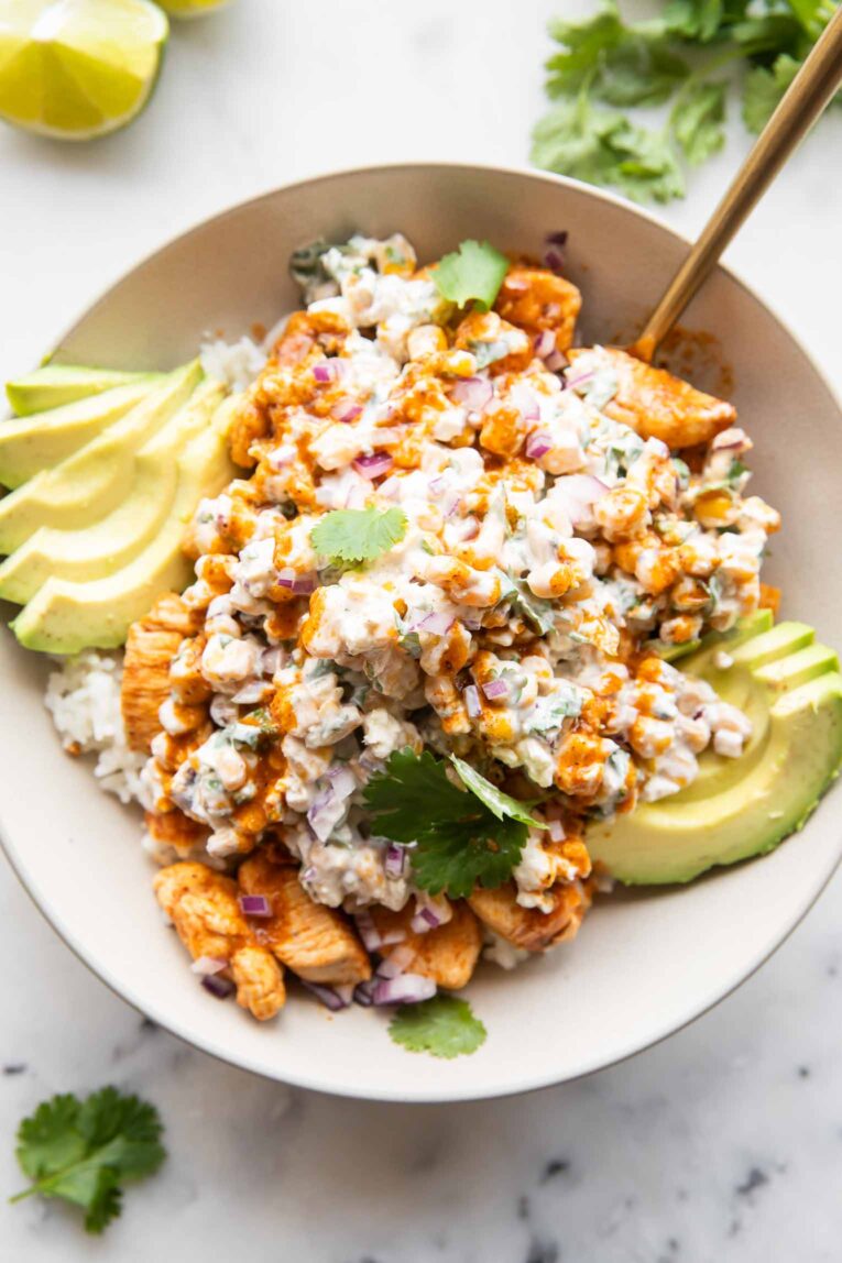 Street corn chicken rice bowl.
