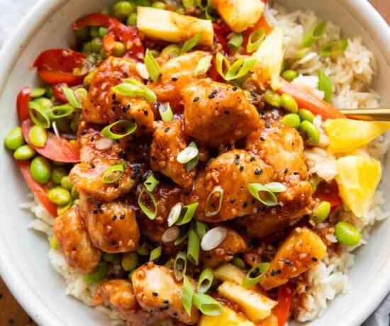 Sweet and Sour chicken in a bowl.