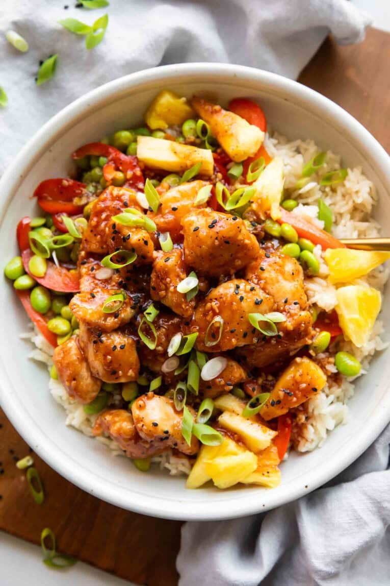 Sweet and Sour chicken in a bowl.