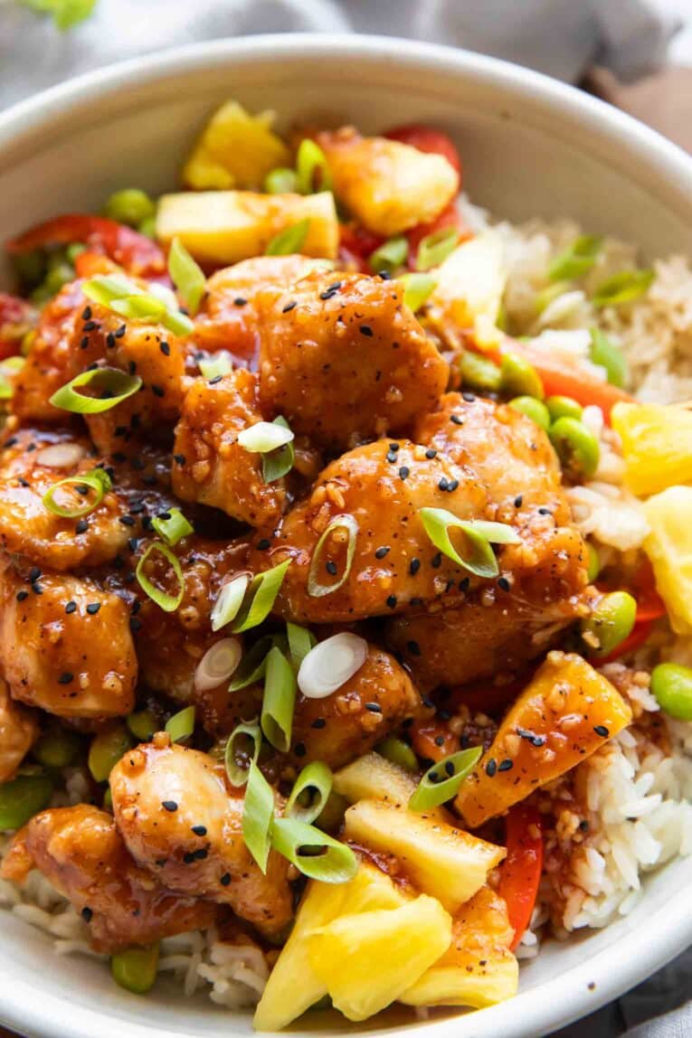 Close up of Sweet and Sour chicken in a bowl.