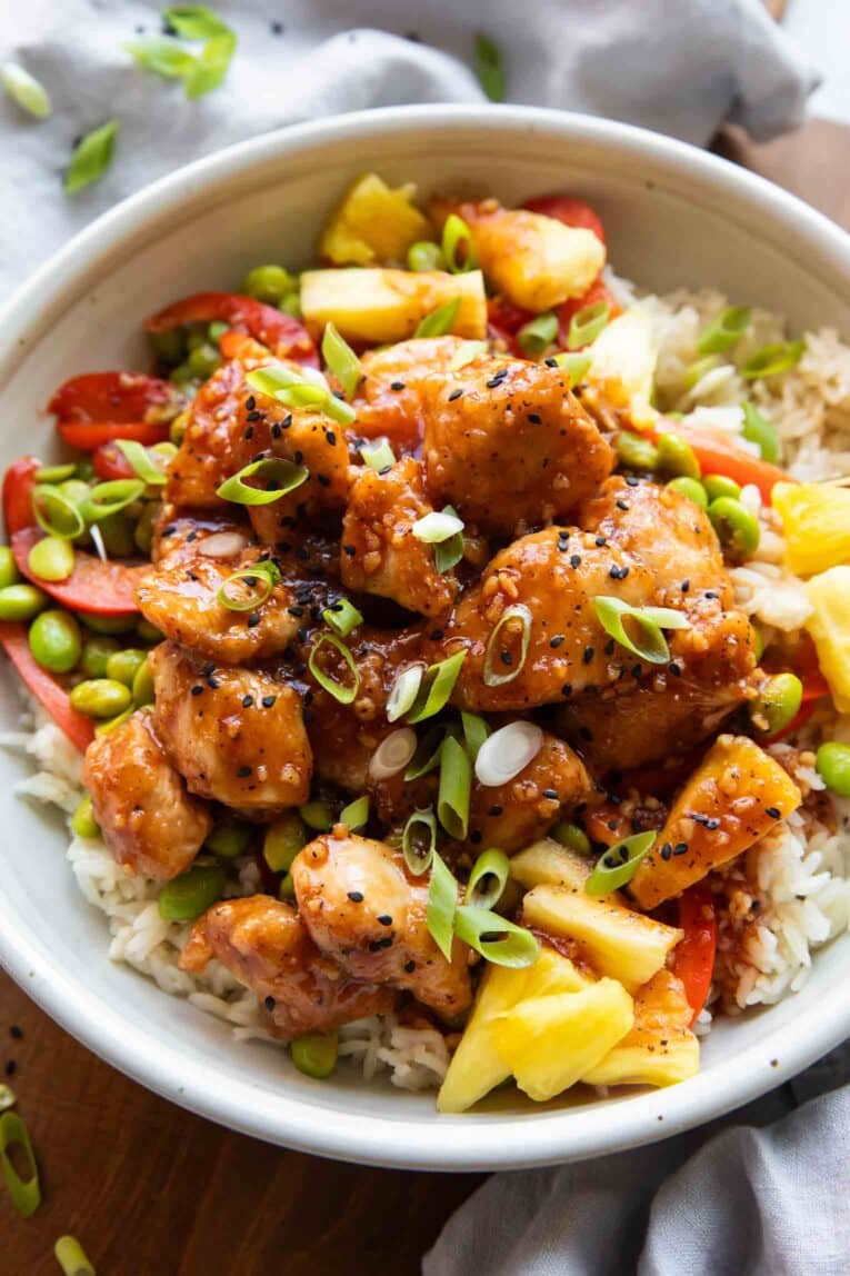 Sweet and Sour chicken in a bowl.