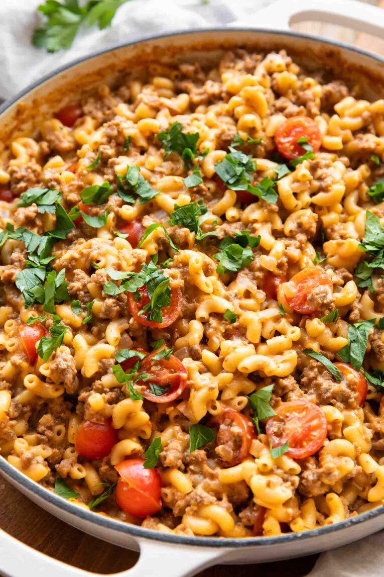 Hamburger Helper in a skillet.