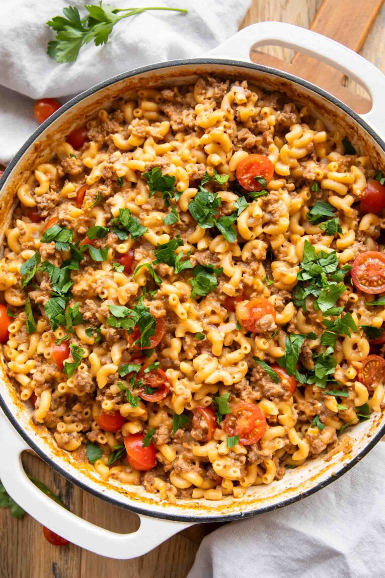 Hamburger Helper in a skillet.