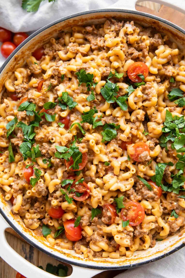 Hamburger Helper in a skillet.