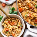 Hamburger helper in a bowl and a skillet.