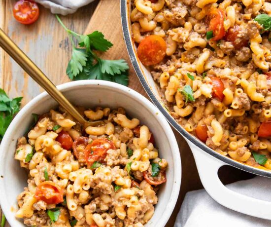 Hamburger helper in a bowl and a skillet.