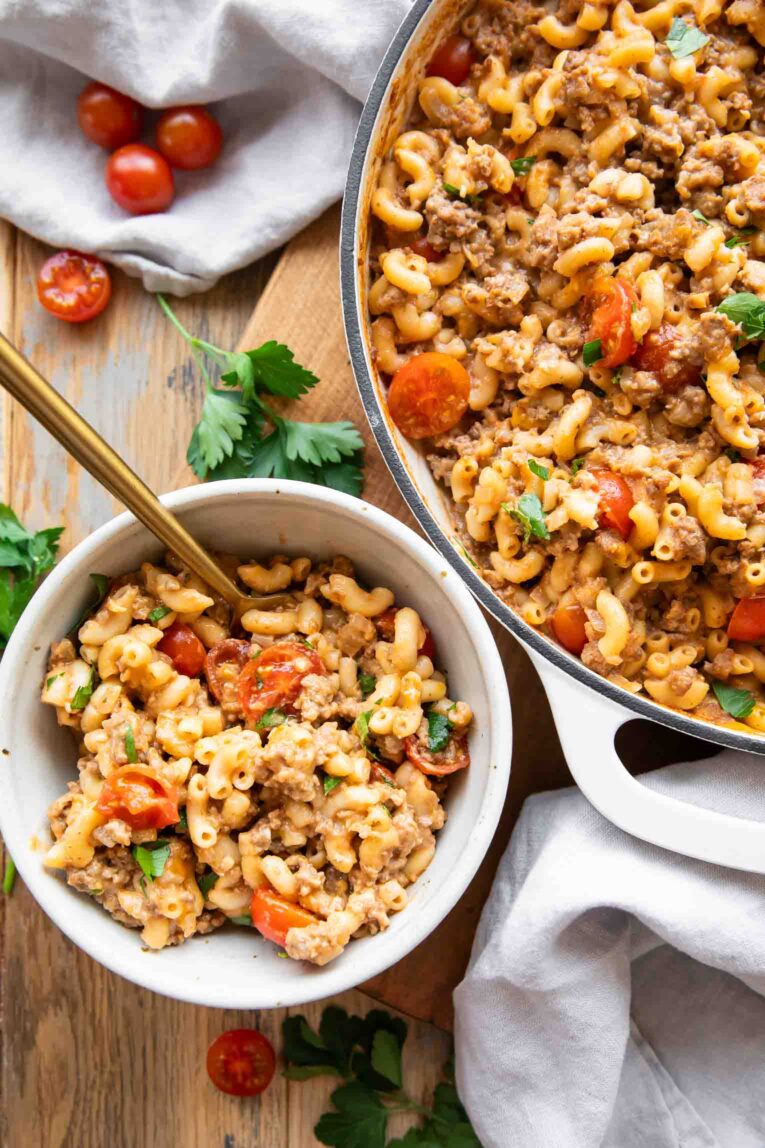 Hamburger helper in a bowl and a skillet.