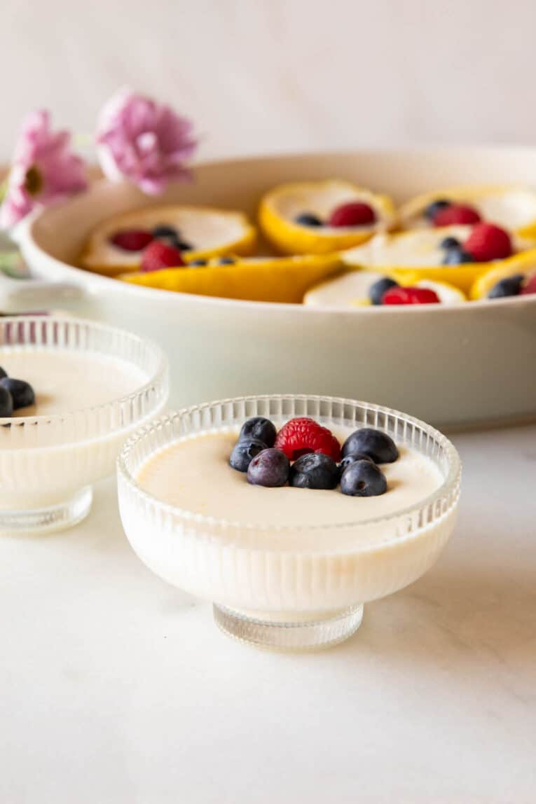 Lemon posset in a dessert dish.