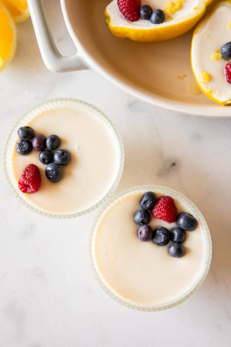 Top view of lemon posset in a dessert dish.