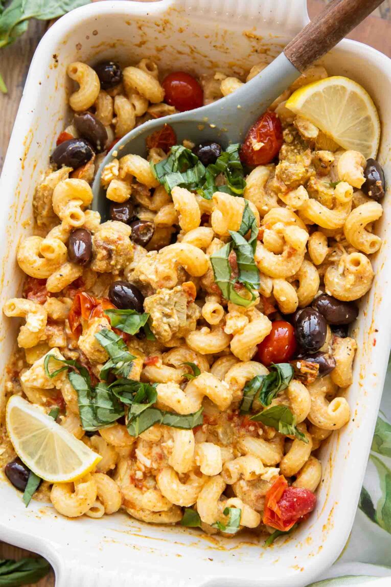 Mediterranean Chicken Feta Pasta in a baking dish.