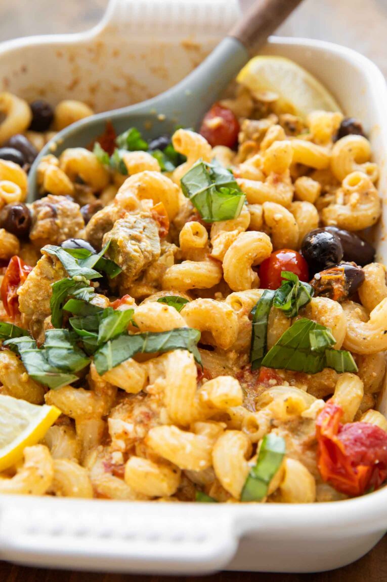 Mediterranean Chicken Feta Pasta in a baking dish.