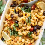 Mediterranean Chicken Feta Pasta in a baking dish.